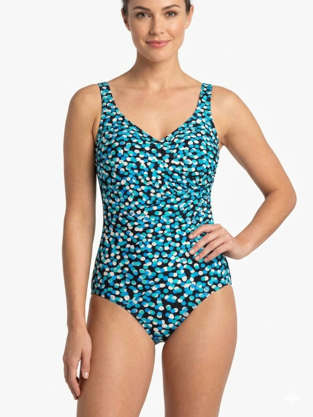 Seekers Womens Multi Dot Shirred Surplice One Piece Bathing Suit Tummy Control M